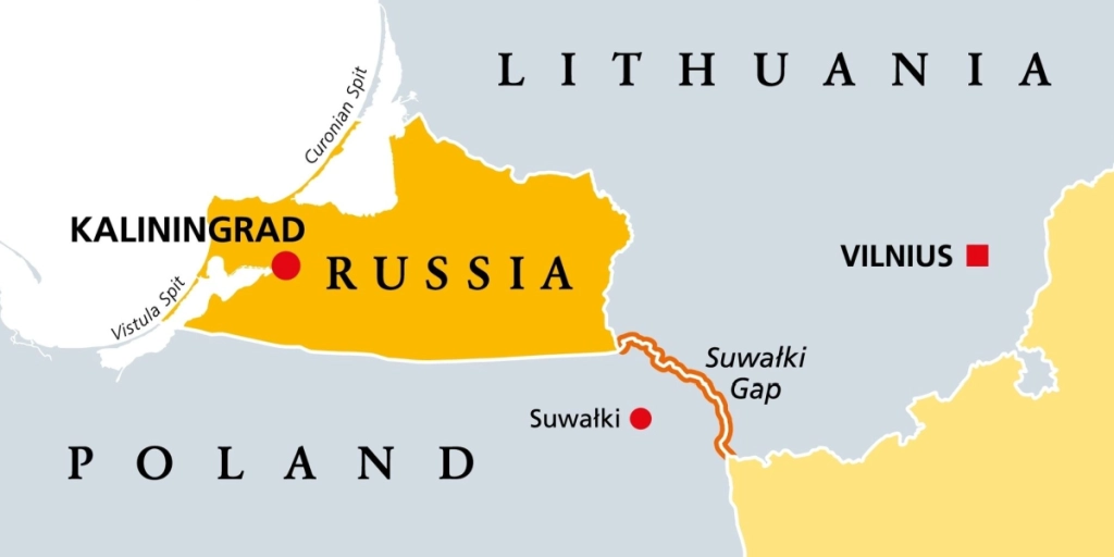 Suwalki Gap, political map. Also known as the Suwalki Corridor, the border starting from the Russian exclave Kaliningrad Oblast to Belarus, between Lithuania and Poland, near the Polish town Suwalki.
