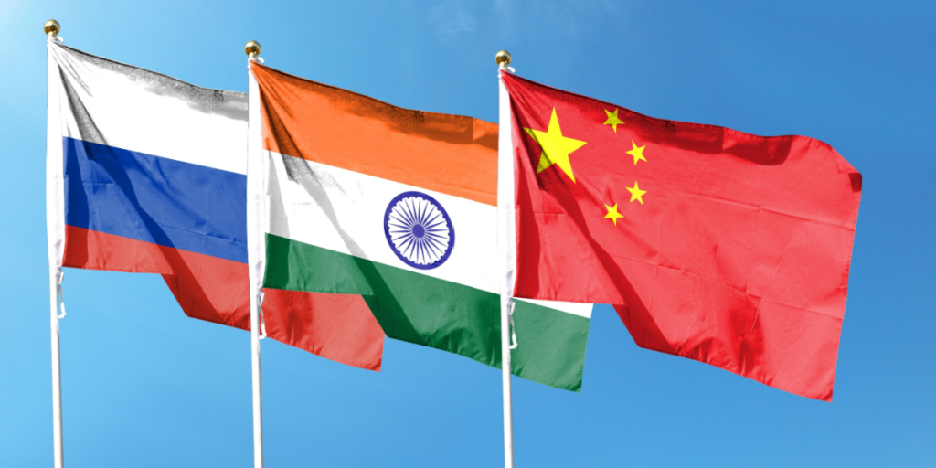 Russia, India, China, flags