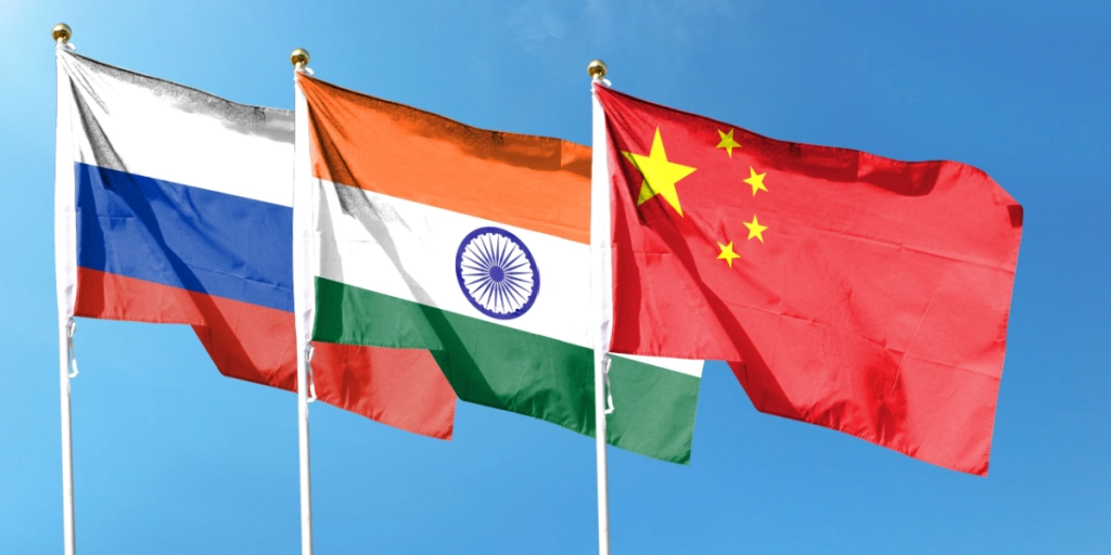 Russia, India, China, flags