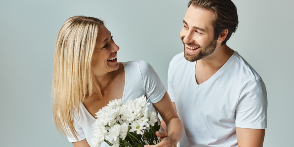 Courtship, dating, flirting, flowers, couple, happy