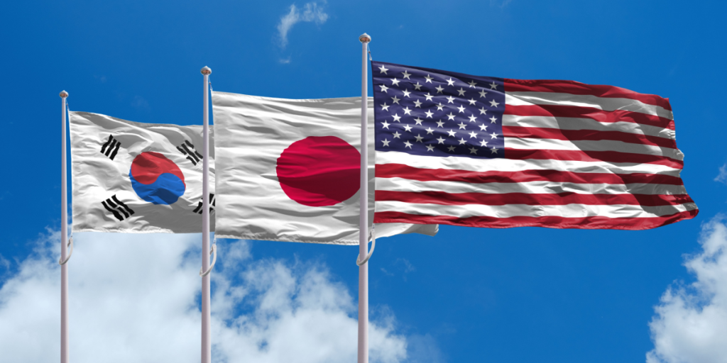 South Korea, Japan, USA, flags