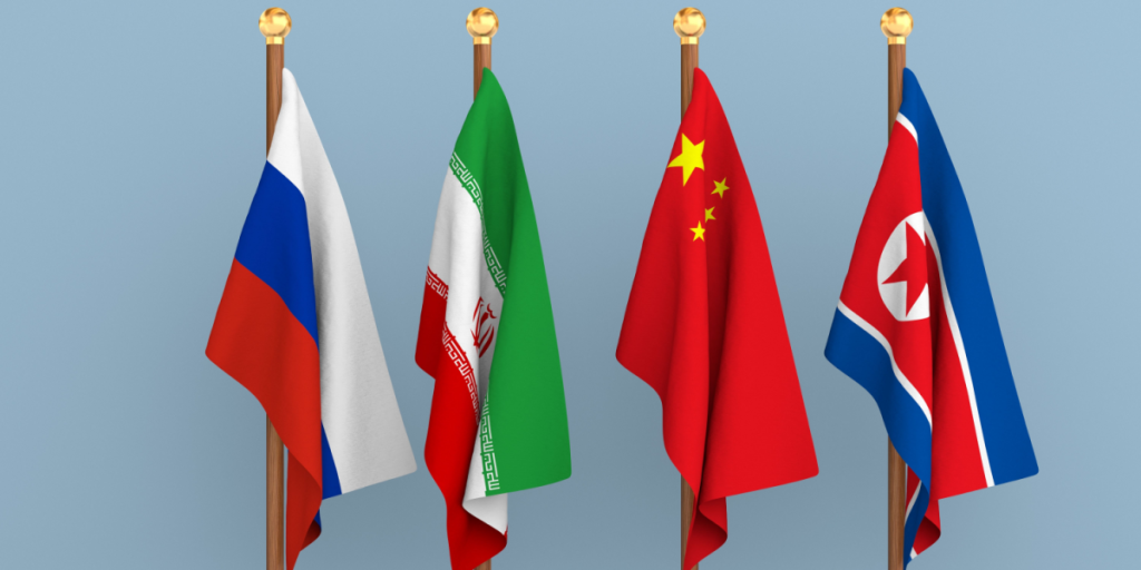 Russia, North Korea, China, Iran, flags