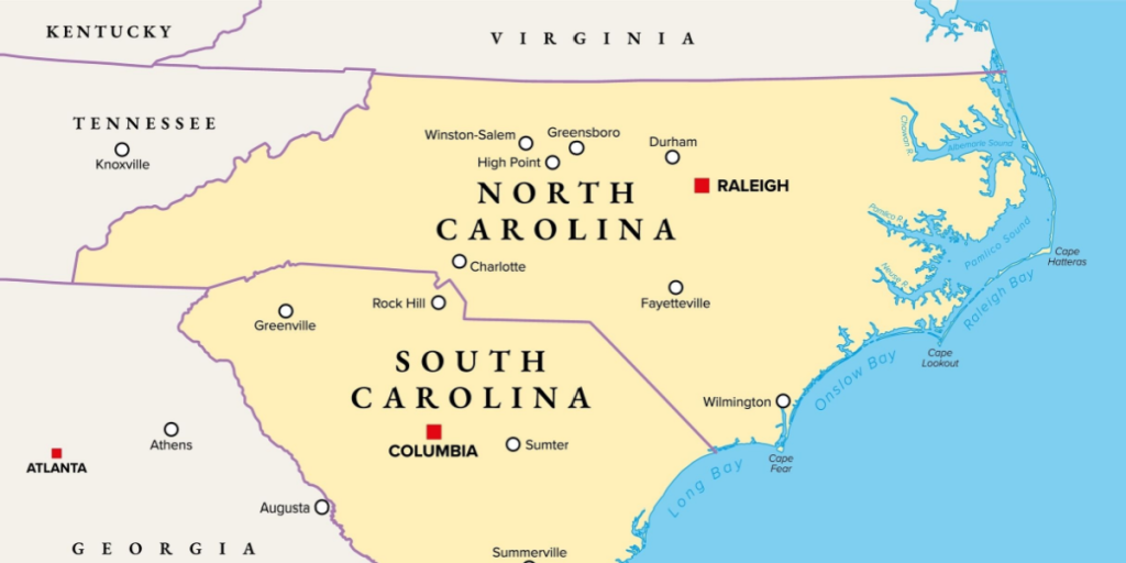 North Carolina, South Carolina, map