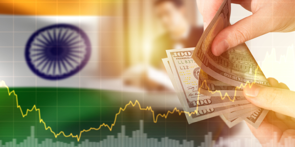 Business in India. Trading on Indian stock exchange. Money in hands man. Flag of India. Man counts dollars. Blurred Indian businessman. Investments in Indian economy. Buying rupees on stock exchange