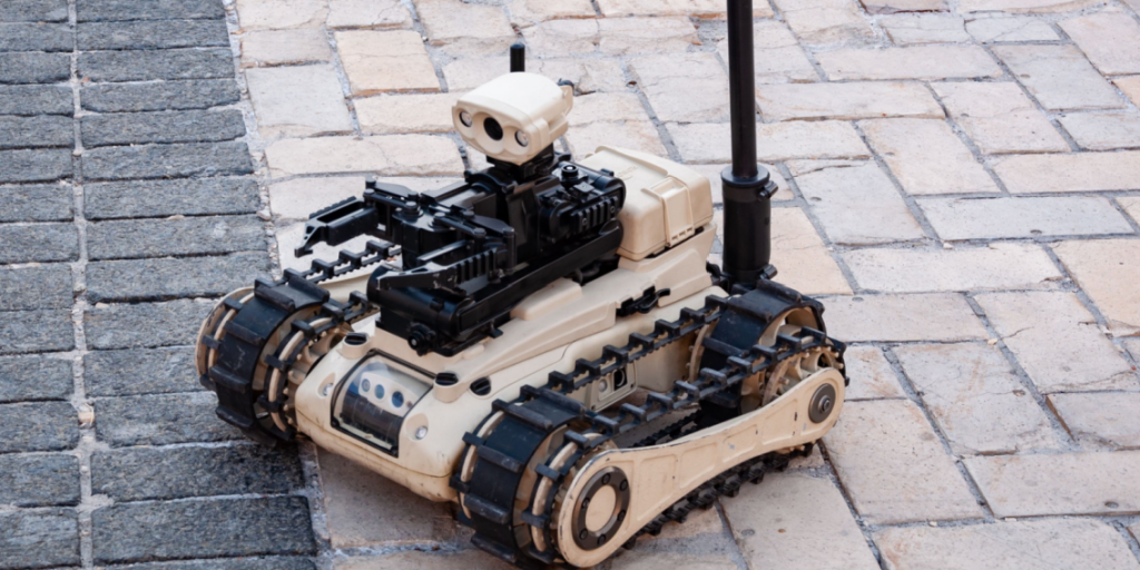 Ukraine, Unmanned military robot. Modern ground tactical robot. Armed forces of Ukraine. EOD unmanned military drone robot for army defense. Military equipment exhibition.