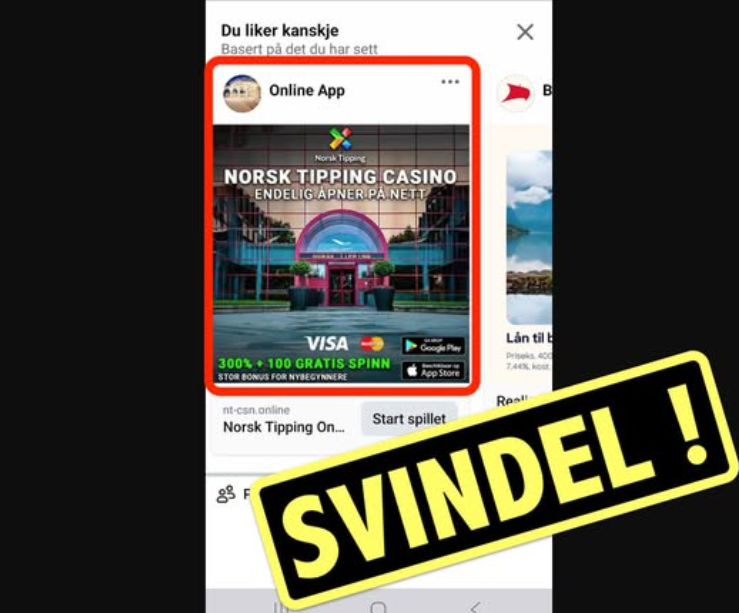 Norsk Tipping på Facebook i falsk casino reklame, fake,