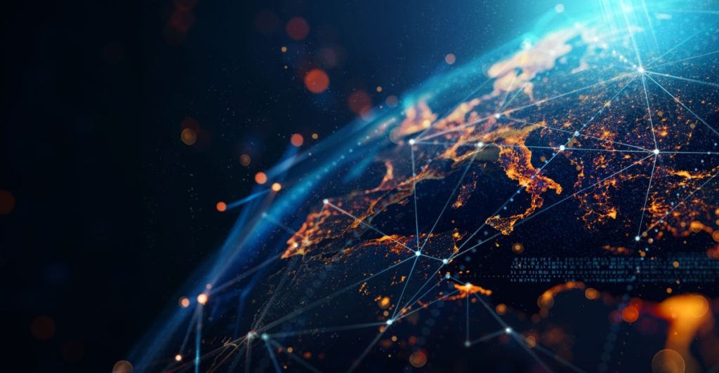 Digital world map, Western Europe, AI, global network connectivity, big data transfer, cyber technology, network information, exchange and telecommunication, Vesteurope, marked, market, trading, handel