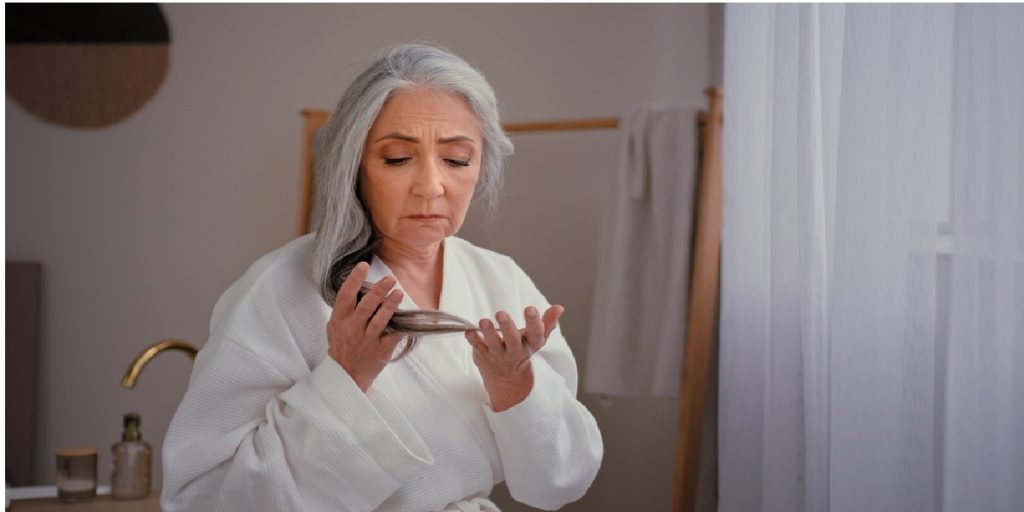 grey hair old woman bathroom