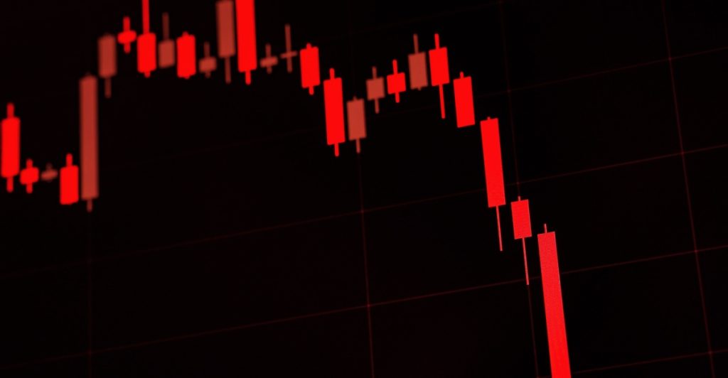 market crash, bear market. Red Candle stick graph chart with indicator_ red candle stick is going down without resistance. financial crisis, aktiemarked, graf, data