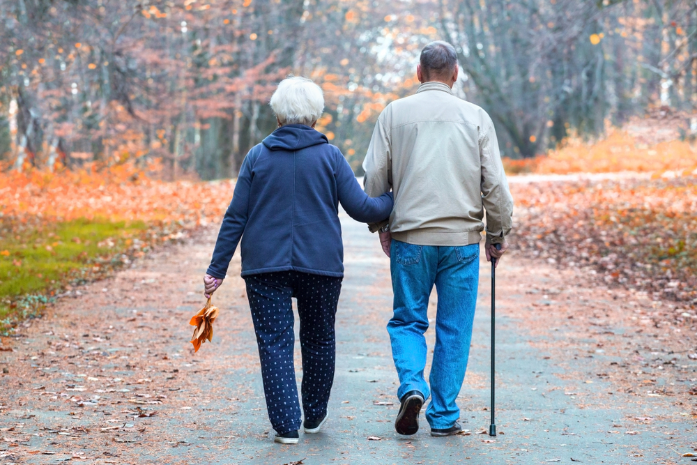 Senior,Couple,Walking,In,An,Autumn,Park.,Back,View,,Copy, old