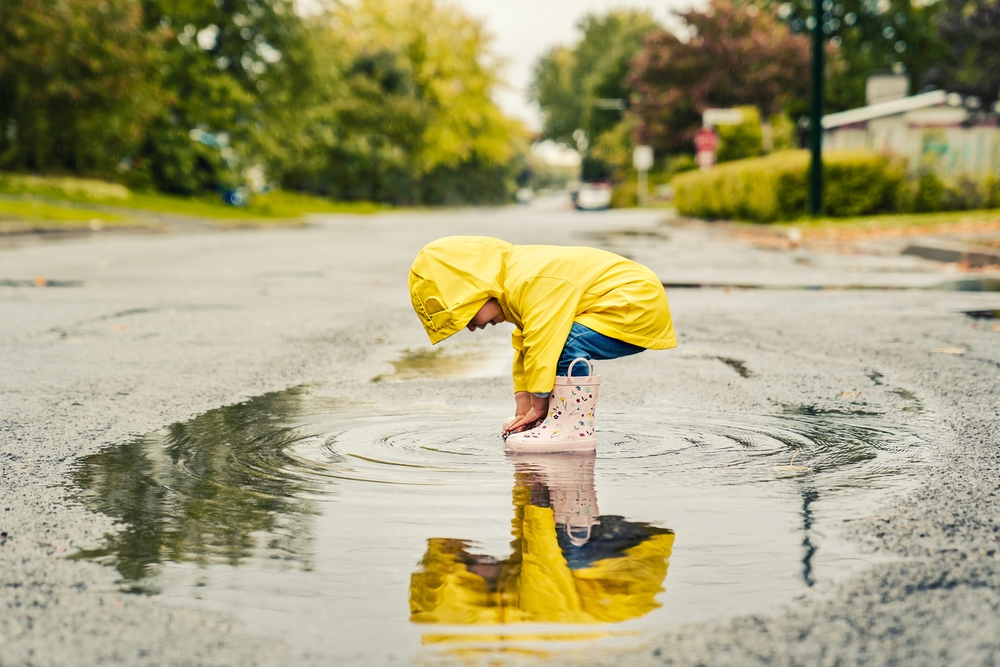 Kid jumping in water, yellow raincoat, boots, regn, regnjakke, vandpyt, vannpytt, vær, vejr, weather, fall, autumn