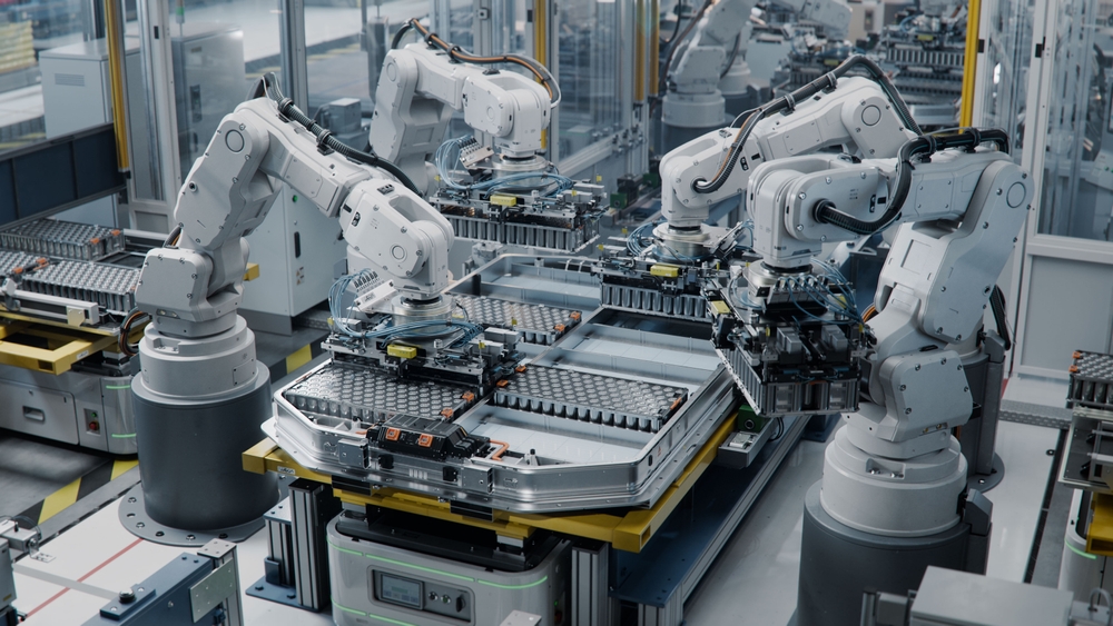 Industrial Robot Arms Assemble Lithium-Ion EV Battery Pack, Battery Factory, EV battery, elbilsbatteri