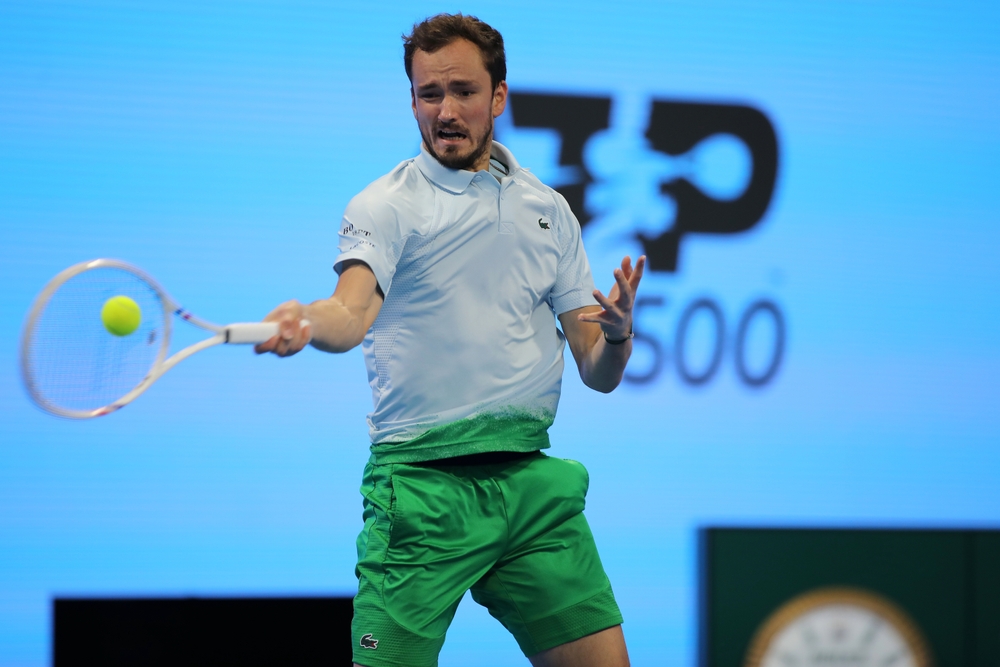Doha,,Qatar,-,February,19,2025:,Daniil,Medvedev,Hits,A