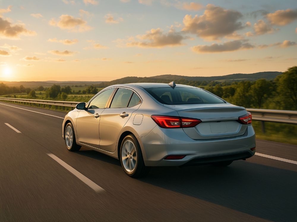 Silver sedan on a smooth highway at golden sunset, rolling hills behind. Sleek design, scenic horizon, road trip vibe. Peaceful atmosphere, warm, dreamy light.