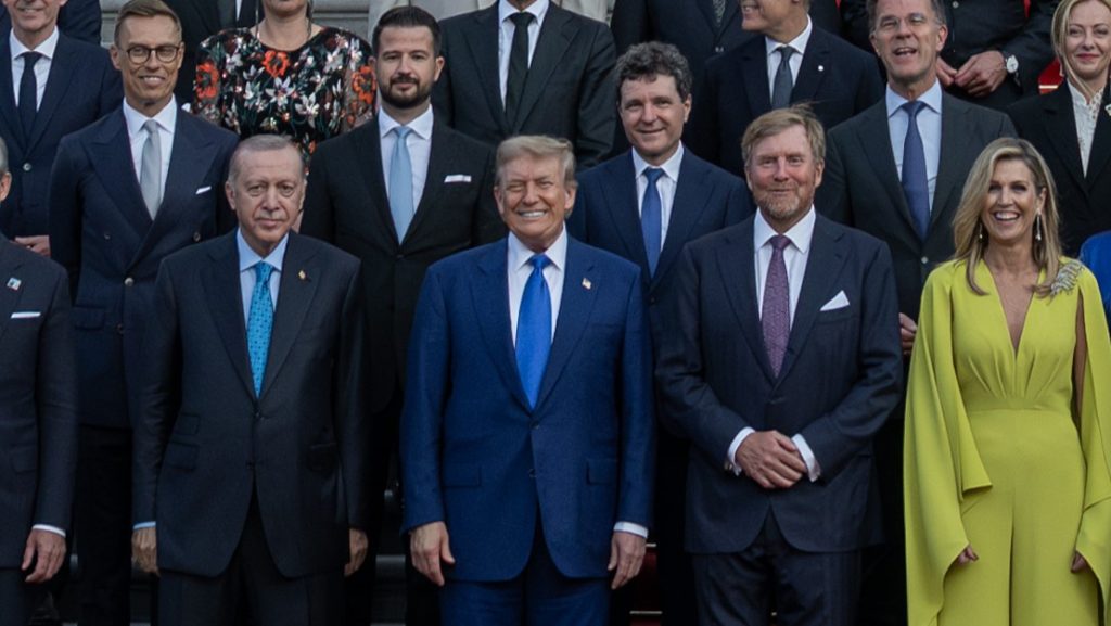 President Donald Trump participates in a family photo for the 2025 NATO Summit at the Huis ten Bosch Palace in The Hague, Netherlands, Tuesday, June 24, 2025. (