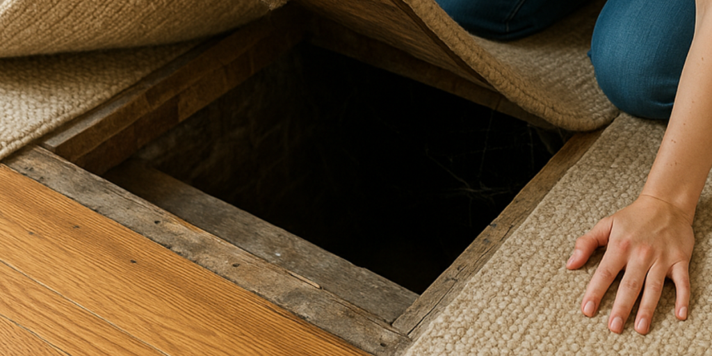 Woman finding hidden basement under rug in new home/house.