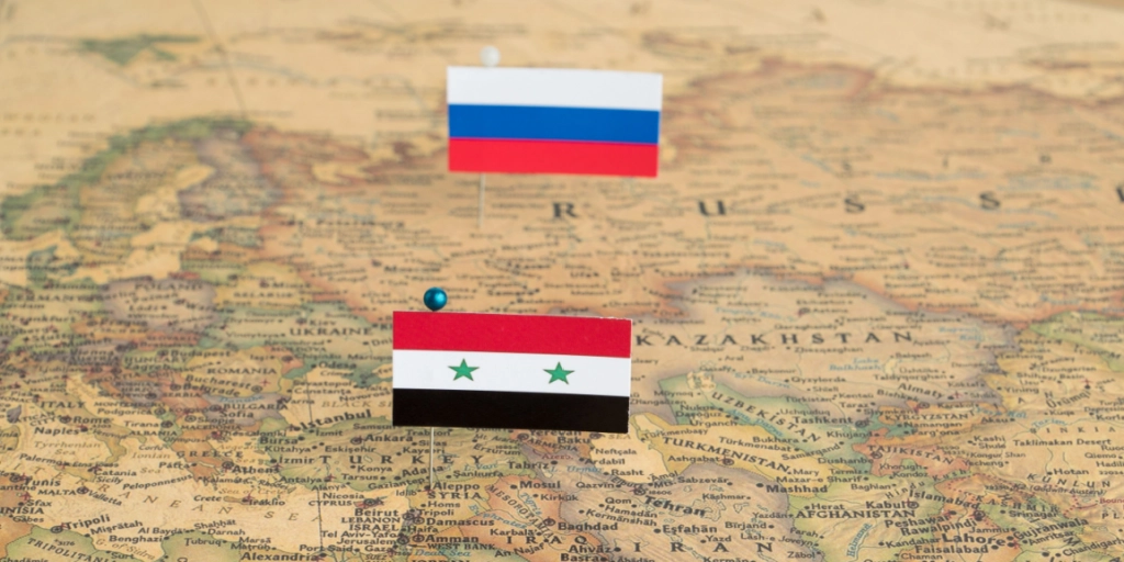 Russia, Syria, map, flags
