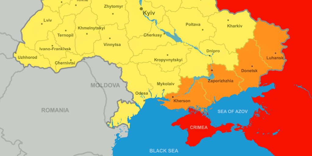 Ukraine, map, Russian control, Kherson, Zaporizhzhia, Donetsk, Luhansk, Crimea