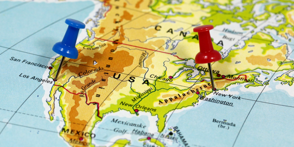 USA, map, Los Angeles, New York, pins