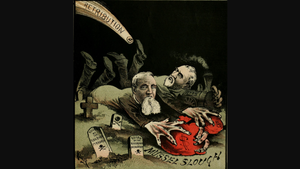 "The Retribution Comet" Editorial cartoon published after the Mussel Slough Tragedy, showing railroad tycoons Charles Crocker (left) and Leland Stanford (Southern Pacific Railroad) as robbing the graves of the Mussel Slough victims.