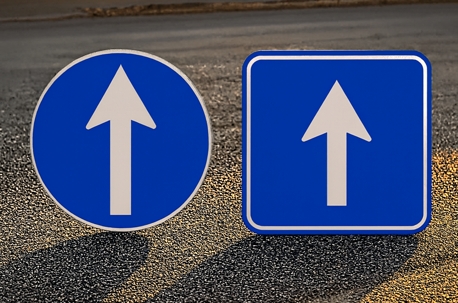 vegskilt, road sign, blue with white arrow, påbudsskilt, opplysningsskilt,