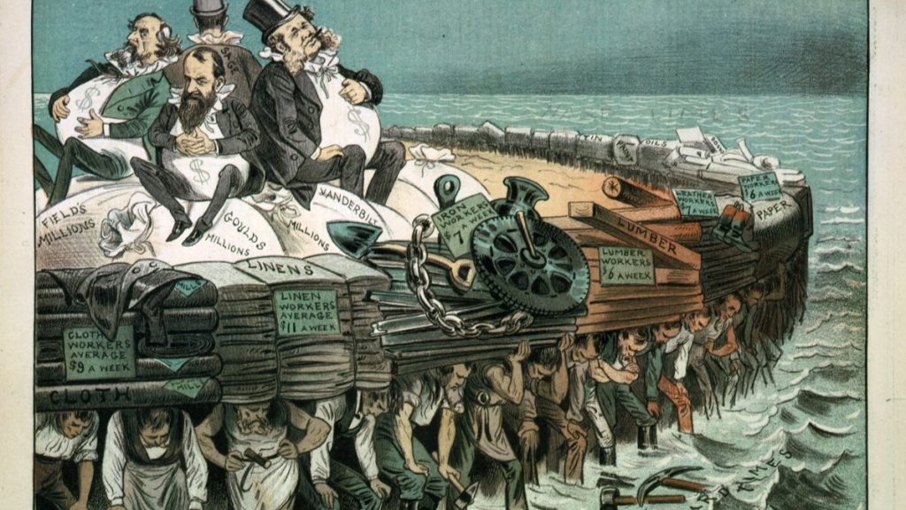 "The protectors of our industries". Cartoon showing Cyrus Field, Jay Gould, William H. Vanderbilt, and Russell Sage, seated on bags of "millions", on large raft, and being carried by workers of various professions.