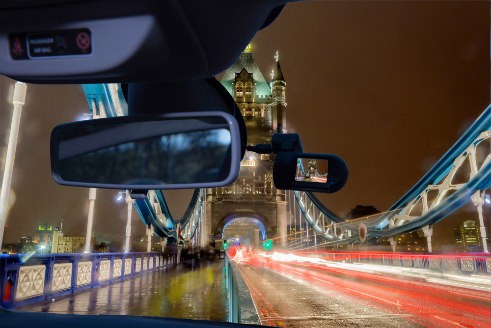 Dashcam, Tower Bridge at night, iconic landmark in London