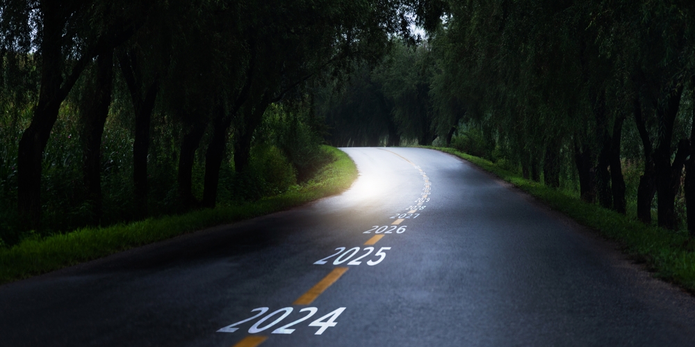 New year number 2024 and 2025 to 2035 on highway road middle marking