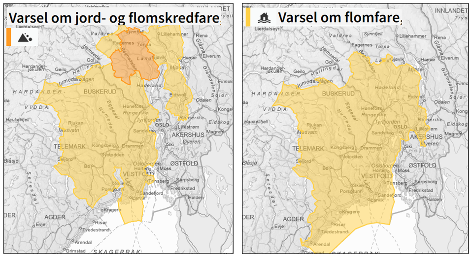 Oransje og gult farevarsel for flom og jordskred