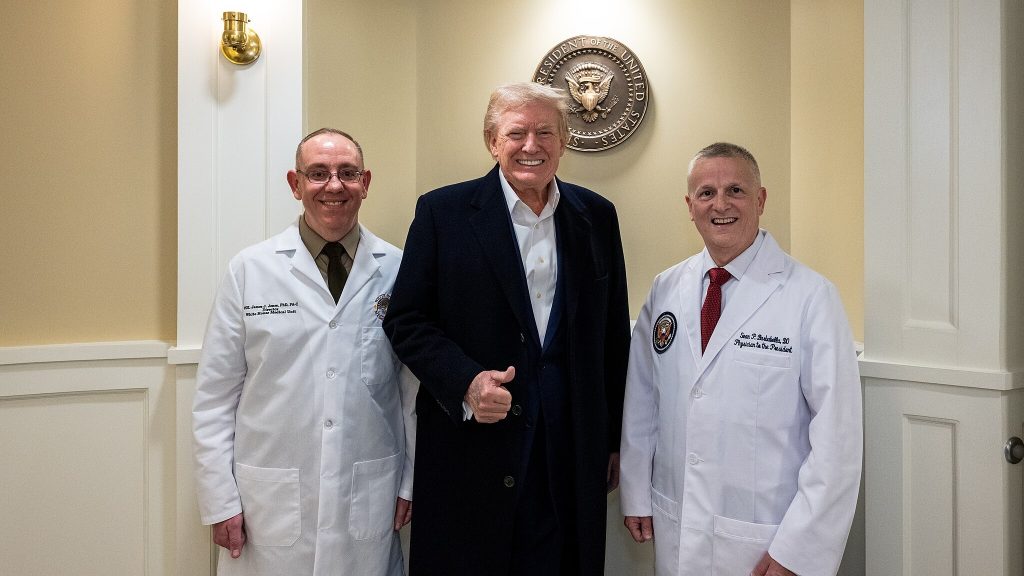 President Donald Trump visits Walter Reed National Military Medical Center in Bethesda, Maryland, Friday, April 11, 2025