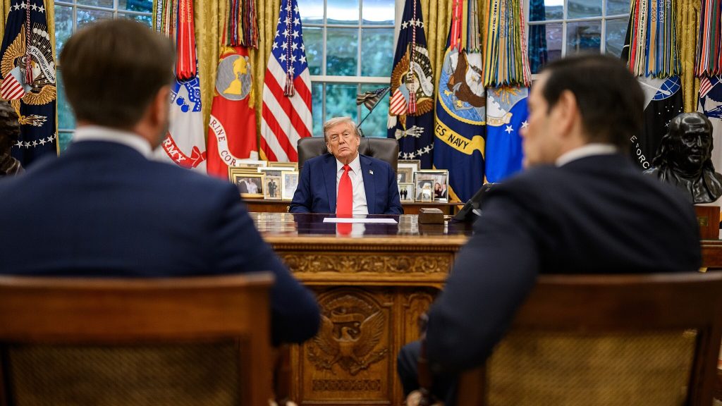 President Donald Trump meets with Secretary of State Marco Rubio and Vice President JD Vance