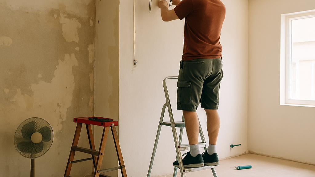 man on ladder building on wall