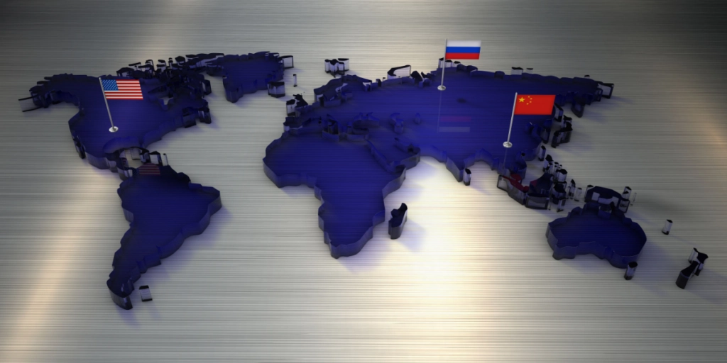 USA, Russia, China, map