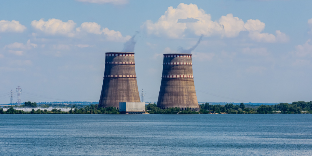 Cooling towers of Zaporizhzhia Nuclear Power Station near city Enerhodar, Ukraine, nuclear plant