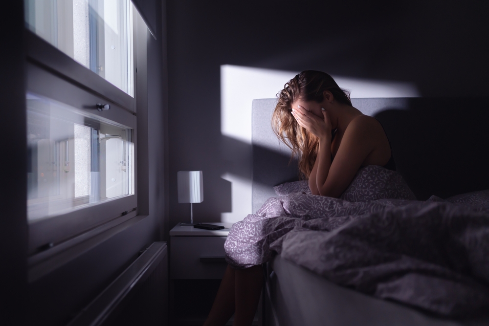 Sad,Depressed,Woman,In,Bed.,Lonely,Person,With,Stress,,Insomnia