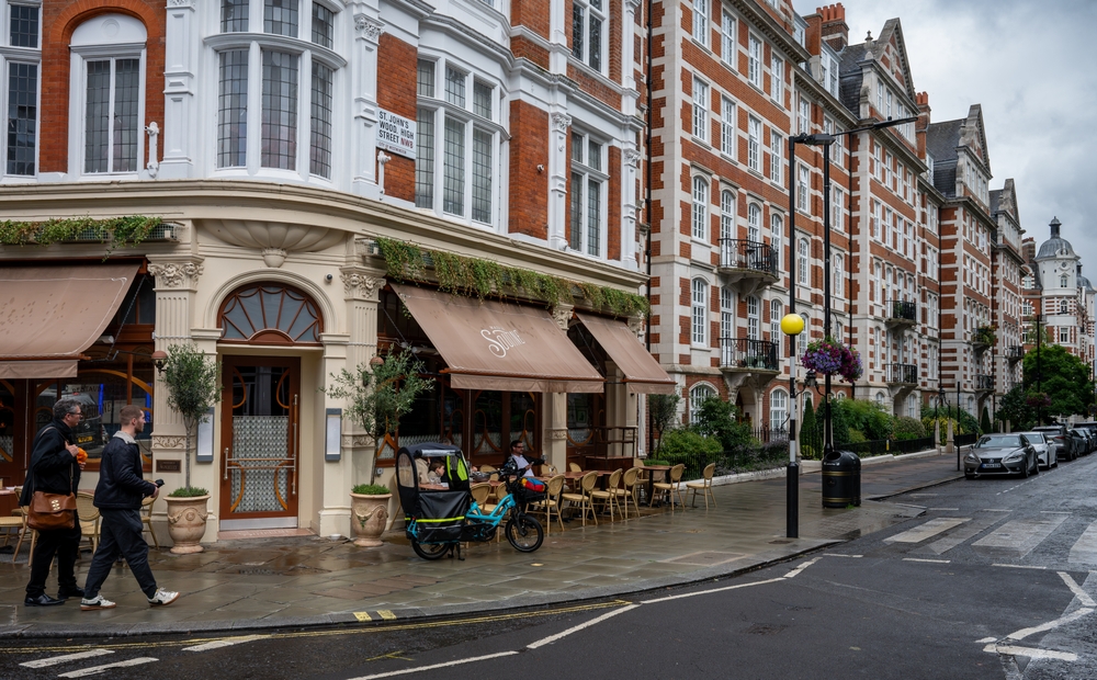 Soutine French restaurant on St John's Wood High Street, London with people outside