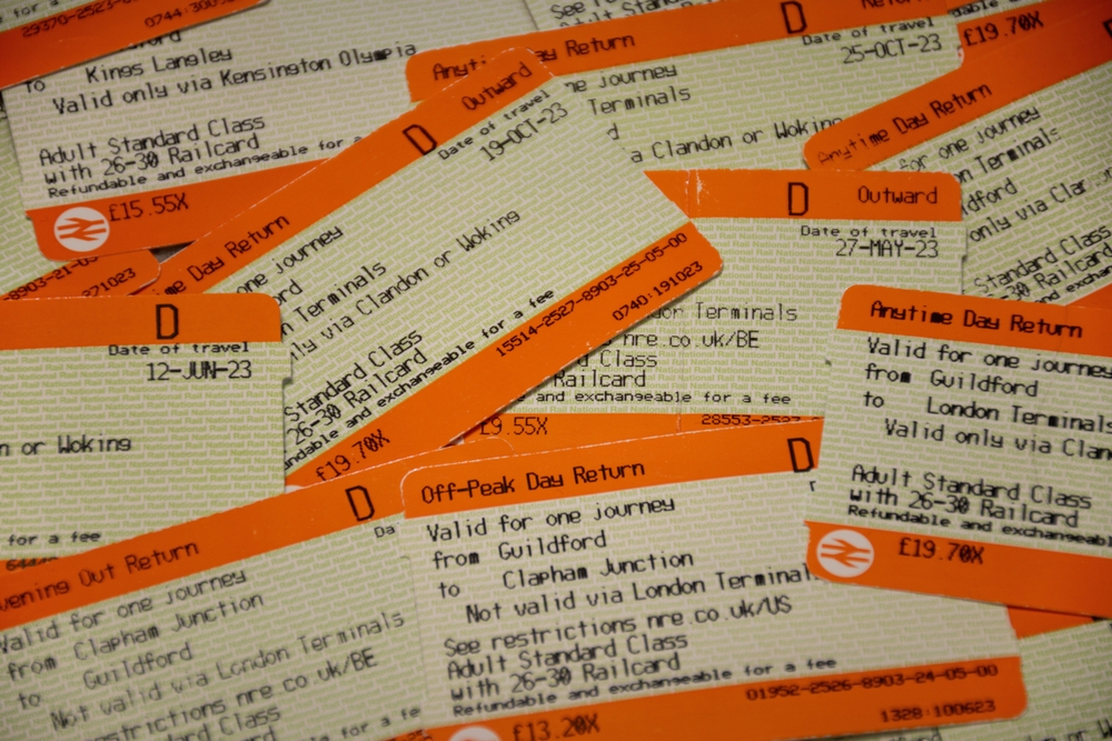 Pile of British National Rail Paper Tickets, togbilletter England