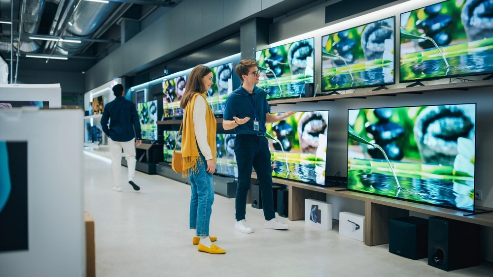 TV, Shop, Store, Butik, Electronics, Elektronik, Young Woman, Ung Kvinde