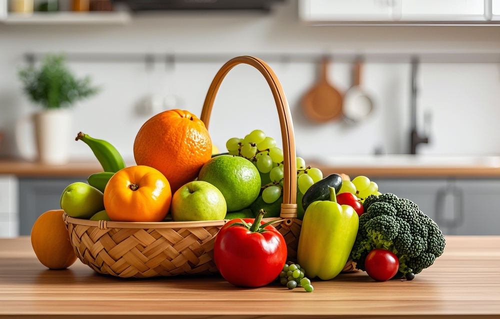 Fresh Fruits and Vegetables,basket, kitchen, frugt, grøntsager, frukt, grønnsaker, tomato, broccoli, orange, grapes, apple