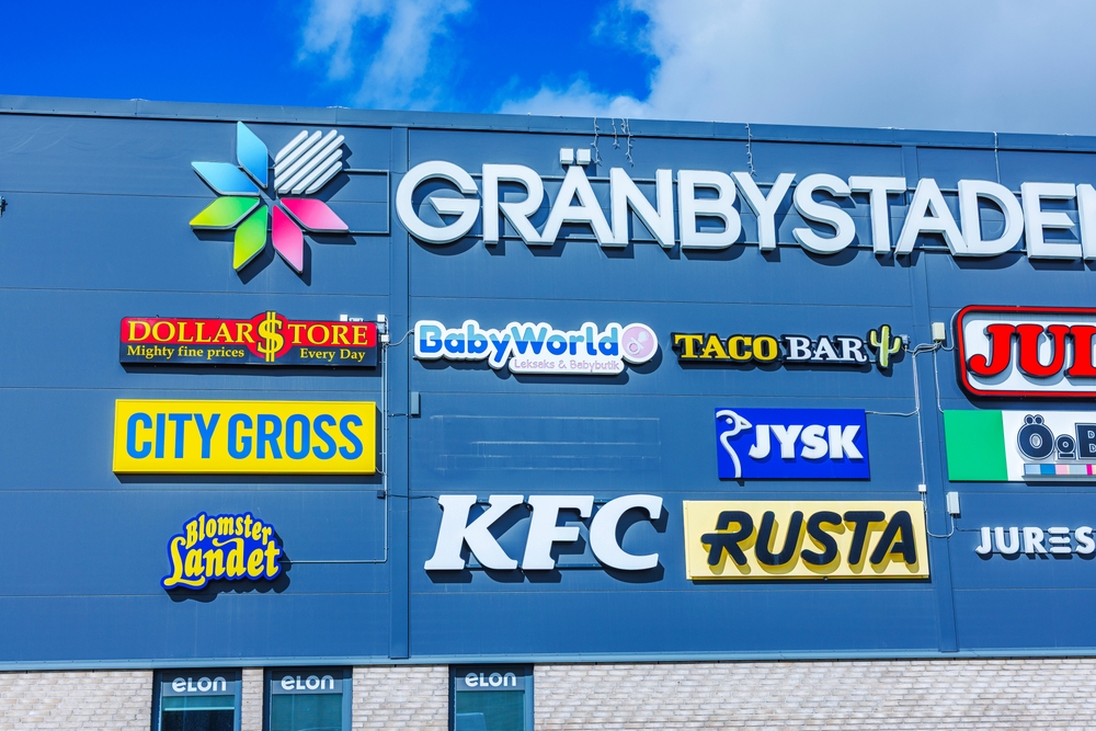 Colorful,Retail,Signs,On,Gränbystaden,Mall,Dollar Store, BabyWorld, Taco Bar, Jula, Jysk, Rusta, KFC, City Gross