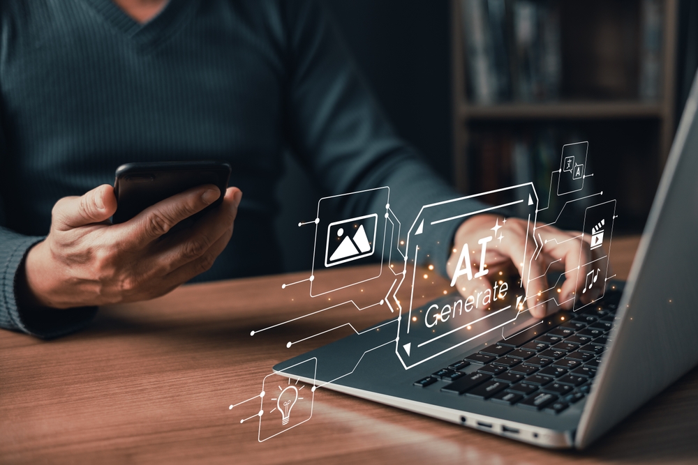 Person,Using,A,Laptop,And,Smartphone,With,Glowing,Ai,Generate