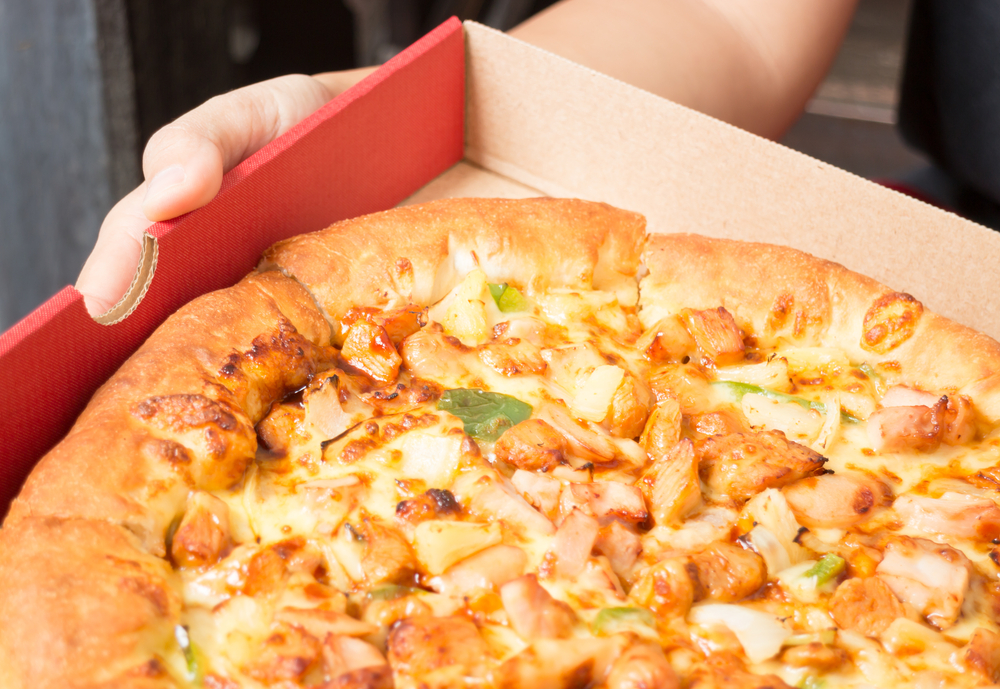 Deep Pan Pizza in cardbox, Pizza with pineapple, ananas