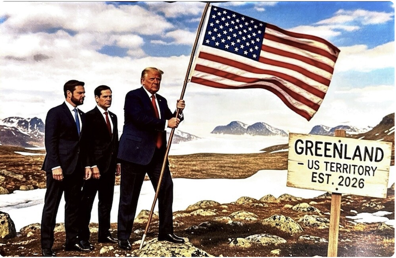 AI av Trump, Rubio och JD på Grönland med en USA flagga