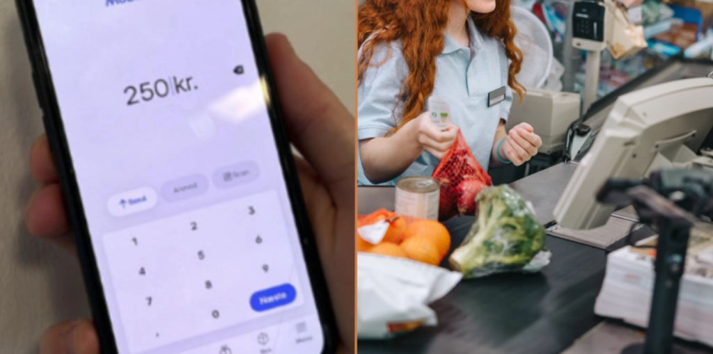 Mobilepay og pige, der sidder ved kassen i et supermarked