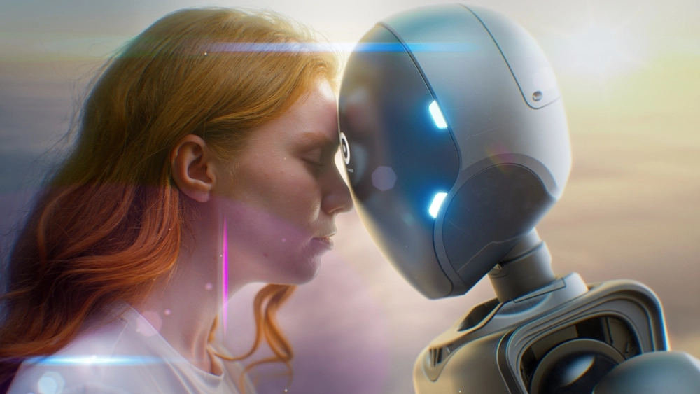 Futuristic,AI,robot,human,young woman,ung kvinde, menneske,love,kærlighed,harmony,harmoni