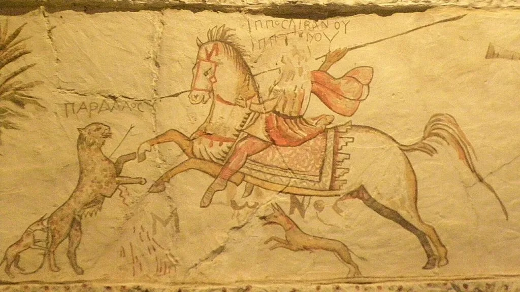 Hunting mural scene on the Hellenistic tomb paintings at Sidonian Burial Caves