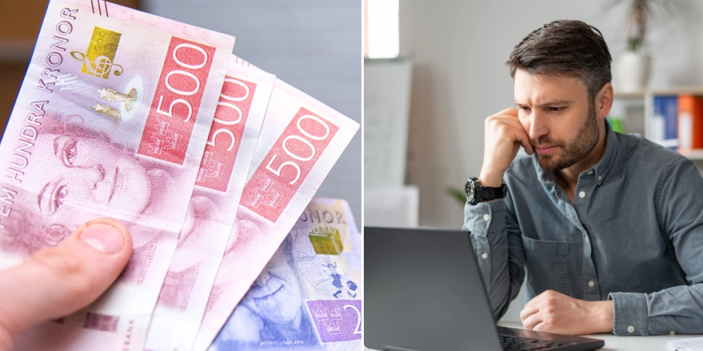 Svenska pengar och bekymrad man framför datorn