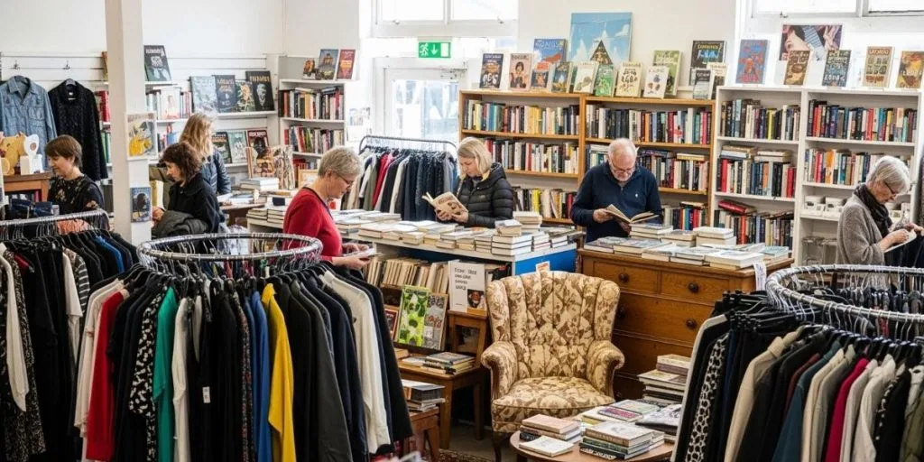 Indoor photo of charity shop with books, clothes, furniture, people browsing