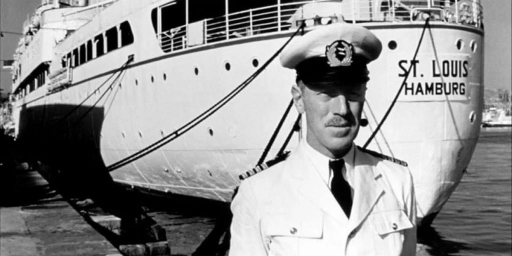 Captain Gustav Schröder in front of his ship, the MS St. Louis