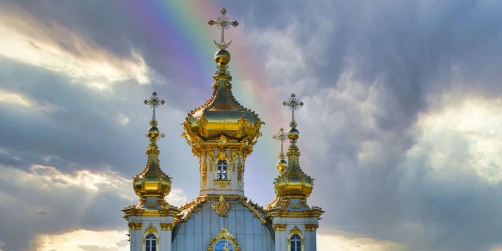 a church with golden domes in Peterhof in St. Petersburg, Russia